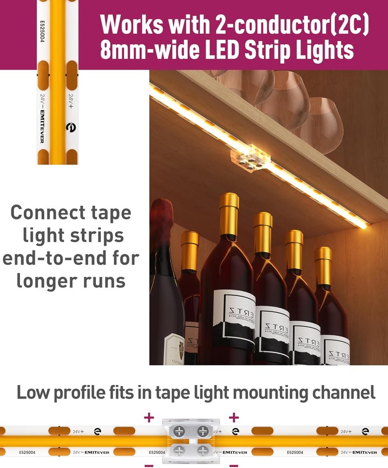 EMITEVER LED Strip Connectors,12 Packs LED Tape Light Connector 2 Pin Solderless Tighten Screw Transparent Tape to Tape Connectors for 5V 12V 24V 8mm Width LED Strip Lights - Image 3